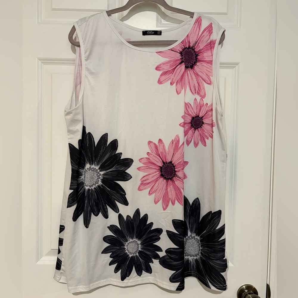 Lily White and Pink Sleeveless Tank Top with Floral Design